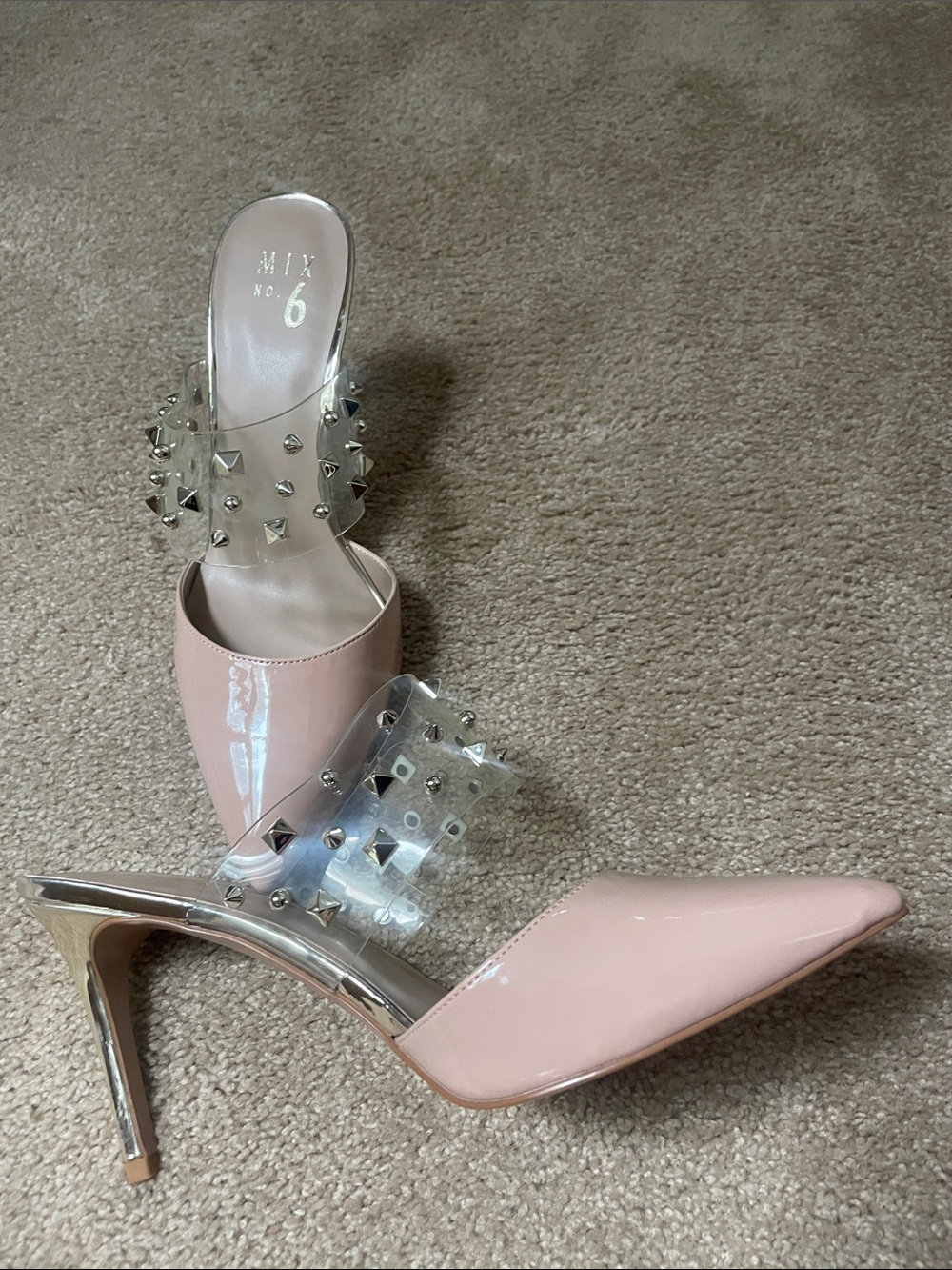 Mix No. 6 Blush Patent Pointed Toe Heels with Studded Clear Straps